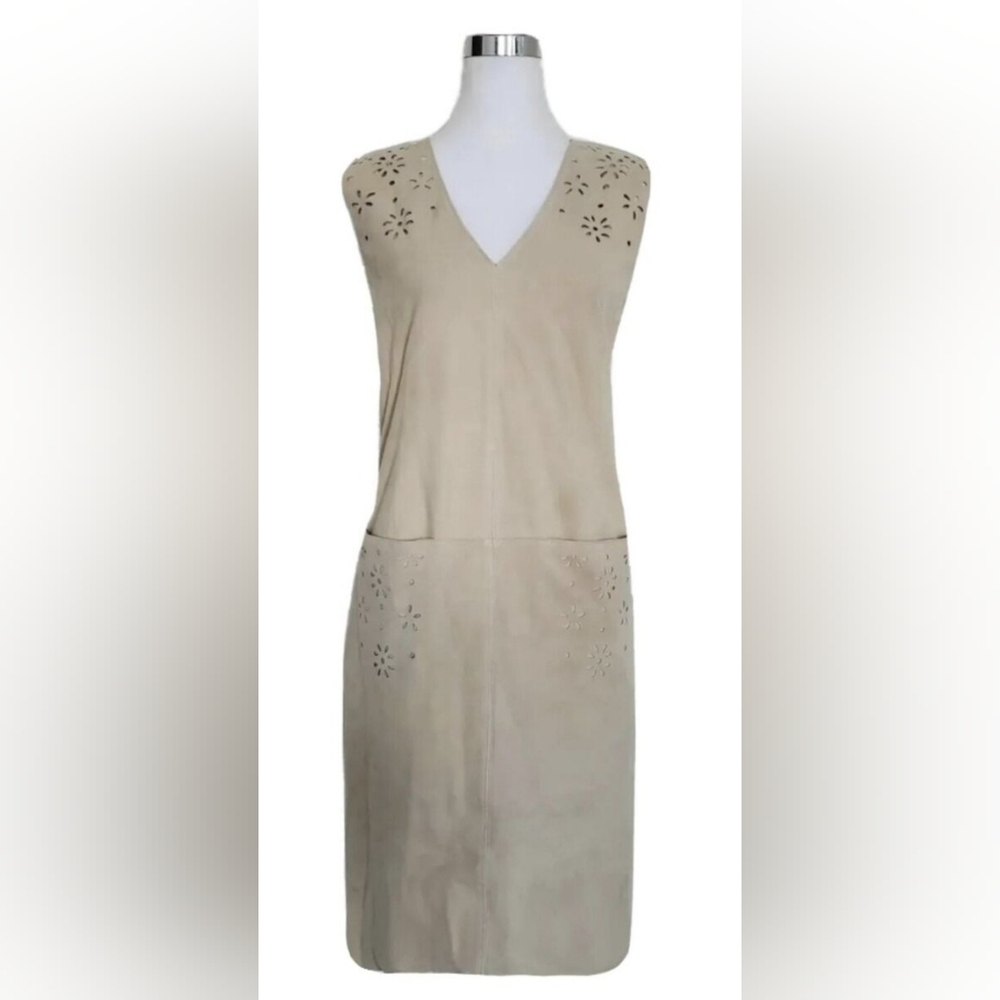 Suede Leather Cream/Beige Sleeveless Sheath Dress